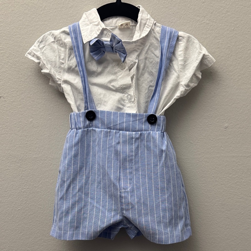Blue Pinstripe Suspender Shorts Set with White Shirt and Bow